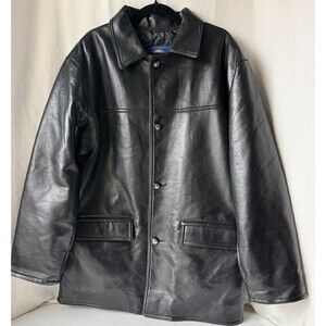 Italian Textile Group Black Leather Car Coat Jacket Quilted Lined Men's XL